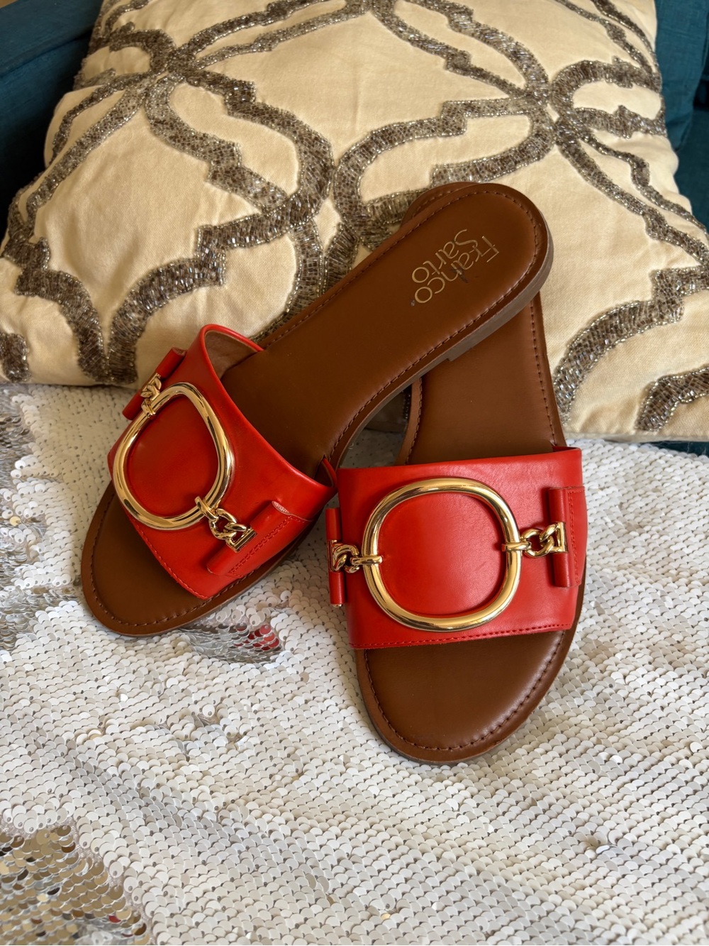 Franco Sarto Red Leather Slide Sandals with Gold Ring - Picture 2 of 5